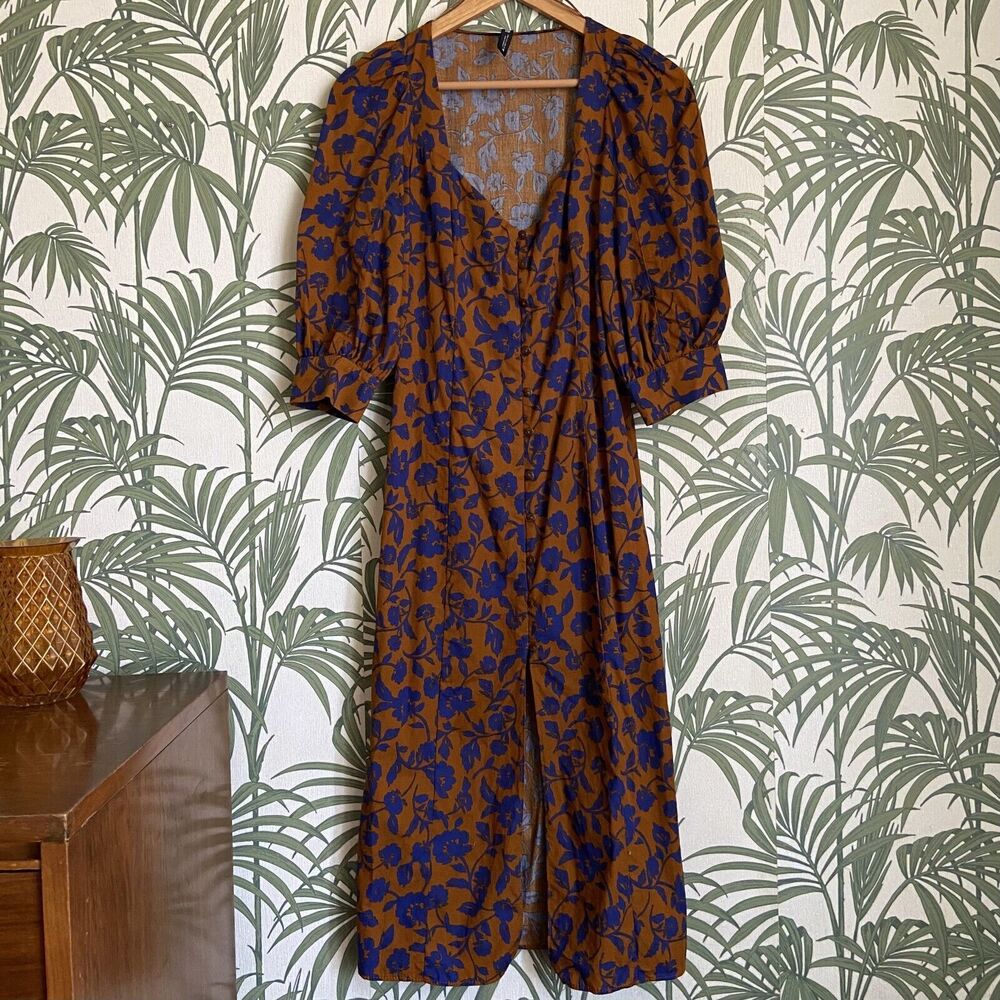 Zara Floral Print Puff Sleeve Buttoned Pencil Midi Dress Size Small